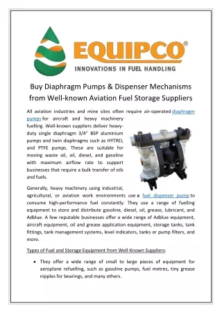 Buy Diaphragm Pumps & Dispenser Mechanisms from Well-known Aviation Fuel Storage Suppliers