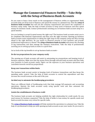 Manage the Commercial Finances Swiftly – Take Help with the Setup of Business Bank Accounts