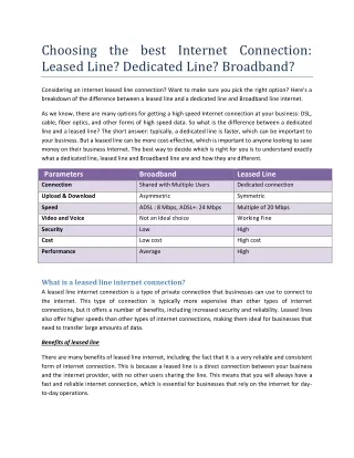 Choosing the best Internet Connection: Leased Line? Dedicated Line? Broadband?