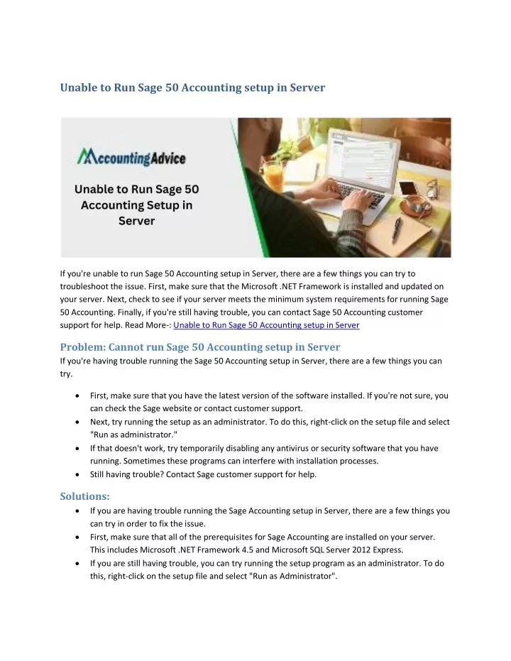 unable to run sage 50 accounting setup in server