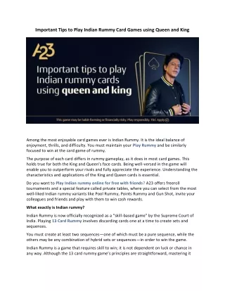Important Tips to Play Indian Rummy Card Games using Queen and King - A23 Blog