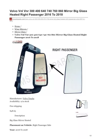 imsautoparts.com-Volvo Vnl Vnr 300 400 640 740 760 860 Mirror Big Glass Heated Right Passenger 2016 To 2018