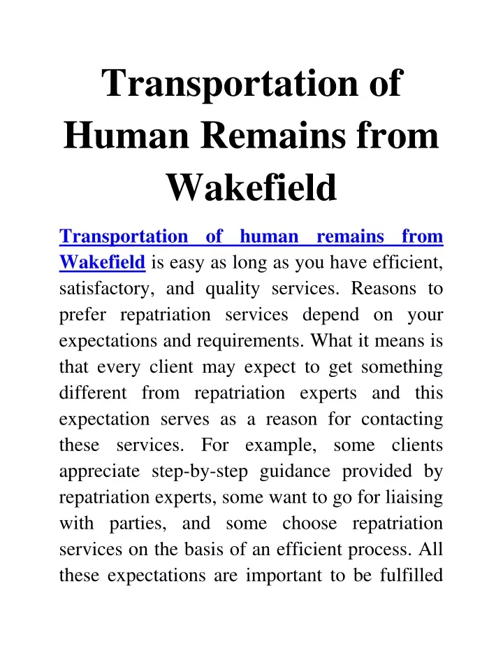 transportation of human remains from wakefield