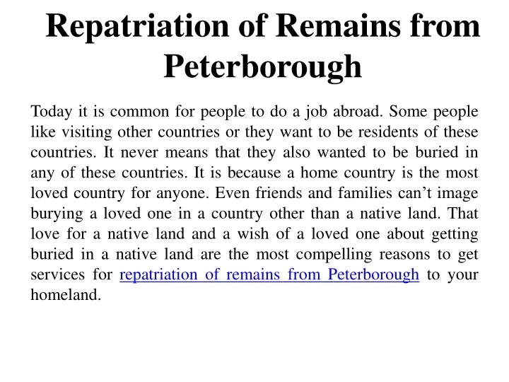 repatriation of remains from peterborough