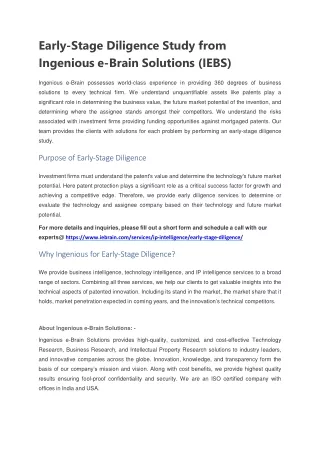 early stage diligence study from ingenious e brain solutions iebs