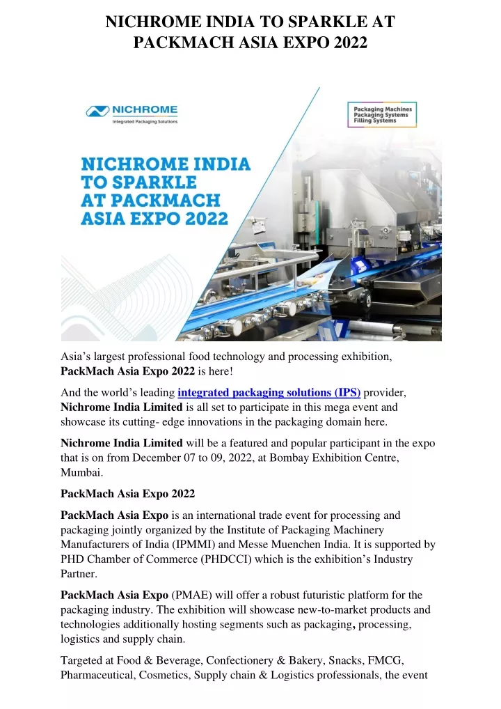 nichrome india to sparkle at packmach asia expo