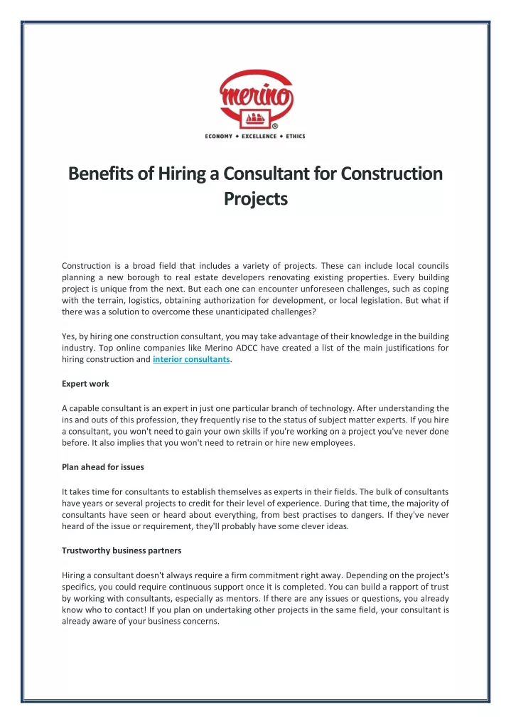 benefits of hiring a consultant for construction