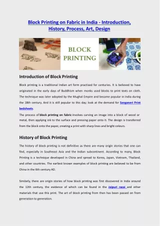 Block Printing on Fabric in India - Introduction, History, Process, Art, Design