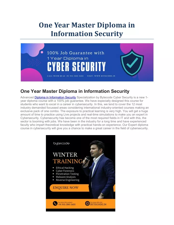 one year master diploma in information security