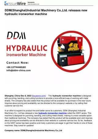 DDM(Shanghai)Industrial Machinery Co., Ltd. releases new hydraulic ironworker ma