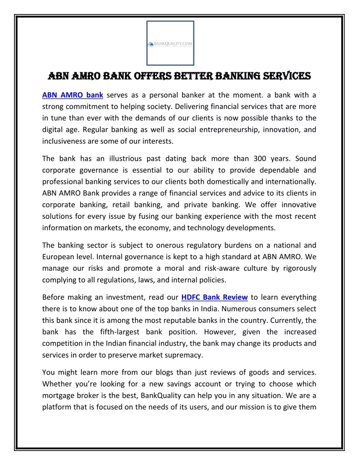 abn amro bank offers better banking services