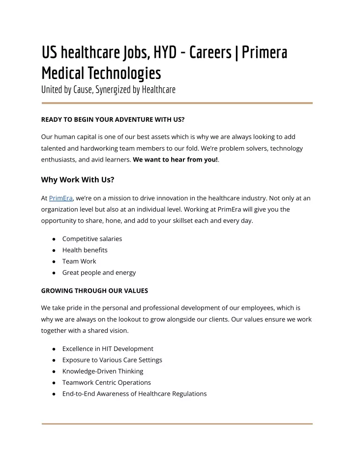 us healthcare jobs hyd careers primera medical