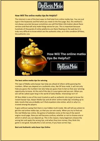 how will the online matka tips be helpful
