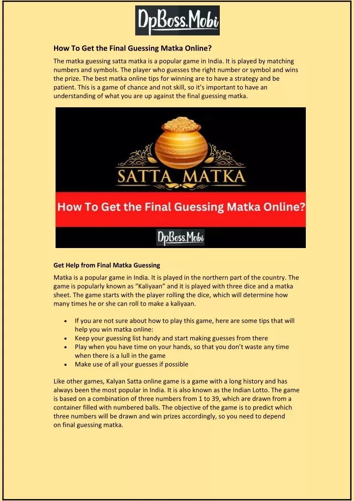 how to get the final guessing matka online