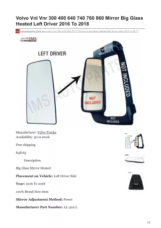 imsautoparts.com-Volvo Vnl Vnr 300 400 640 740 760 860 Mirror Big Glass Heated Left Driver 2016 To 2018