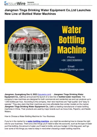 Jiangmen Tings Drinking Water Equipment Co.,Ltd Launches New Line of Bottled Wat
