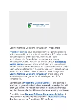 Casino Gaming Company In Gurgaon - Proga India