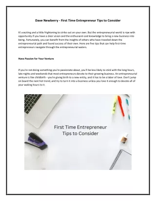 Dave Newberry - First Time Entrepreneur Tips to Consider