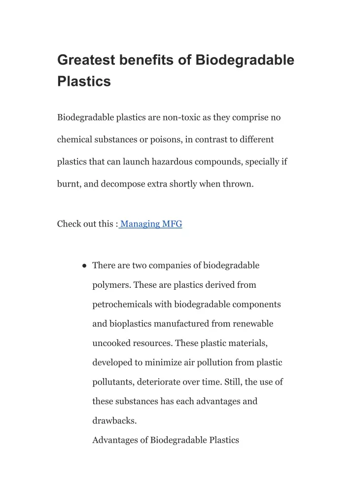 greatest benefits of biodegradable plastics