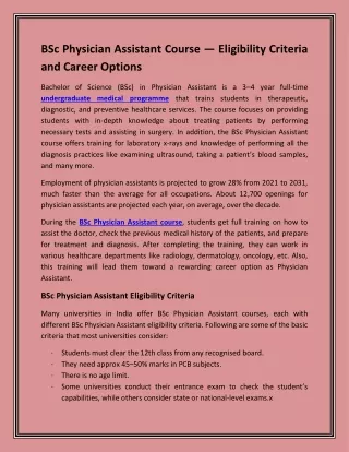 BSc Physician Assistant Course