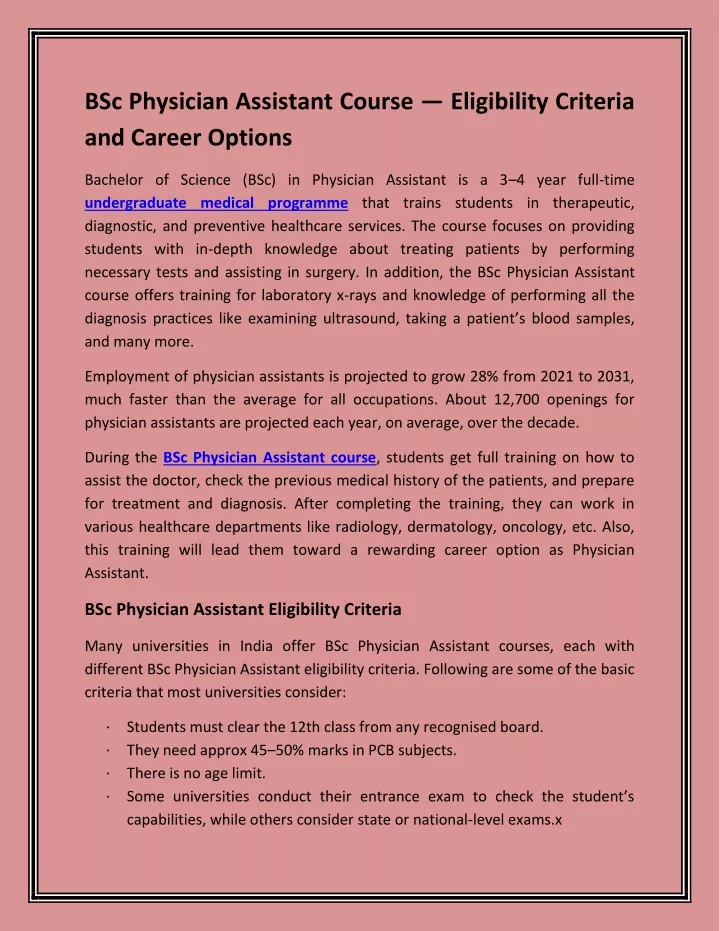 bsc physician assistant course eligibility