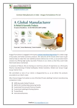 Contract Manufacturers in India - Arogya Formulations Pvt Ltd
