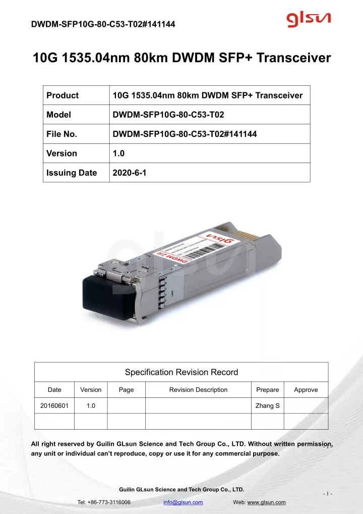 dwdm sfp10g 80 c53 t02 141144