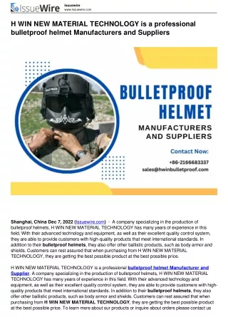 H WIN NEW MATERIAL TECHNOLOGY is a professional bulletproof helmet Manufacturers