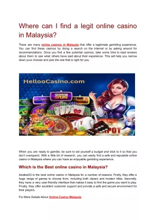 Where can I find a legit online casino in Malaysia
