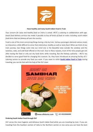 Have healthy and tasty South Indian Food in Train