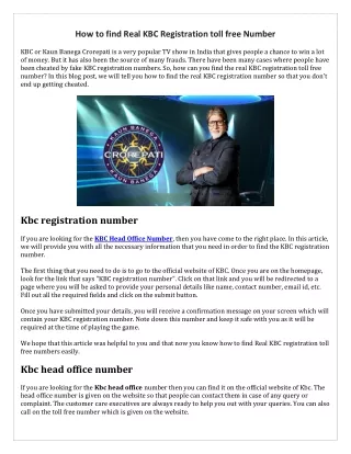 How to find Real KBC Registration toll free Number