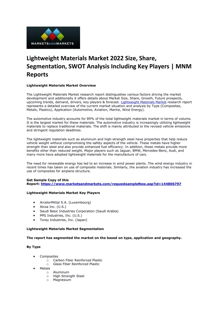 lightweight materials market 2022 size share