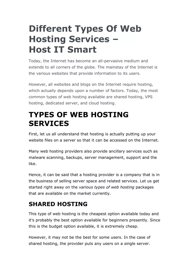 different types of web hosting services host