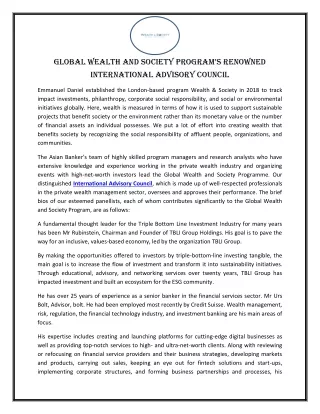 Global Wealth and Society Program’s Renowned International Advisory Council