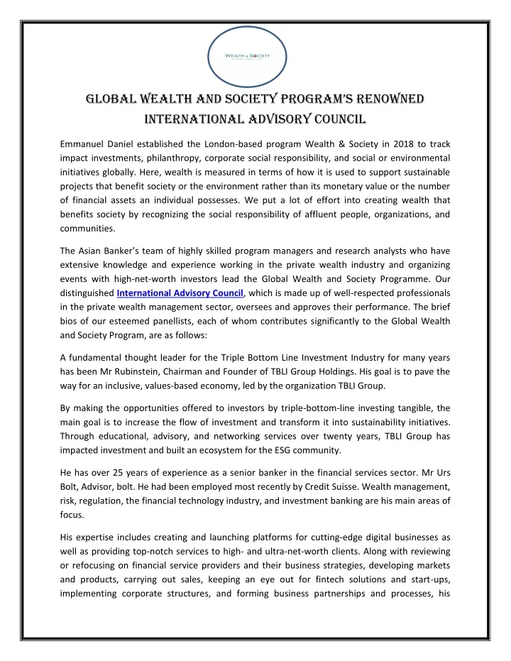 global wealth and society program s renowned