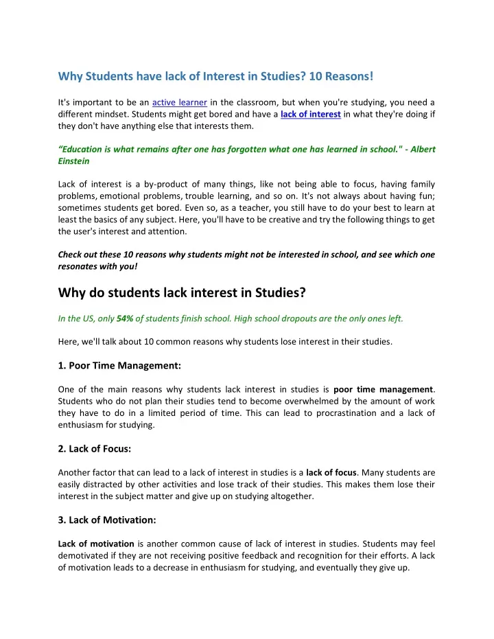 PPT - 10 Reasons Why Student Have Lack Of Interest In Education ...