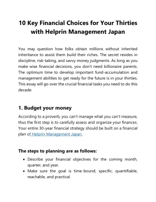 10 Key Financial Choices for Your Thirties with Helprin Management Japan