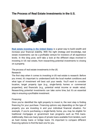 The Process of Real Estate Investments in the U.S.