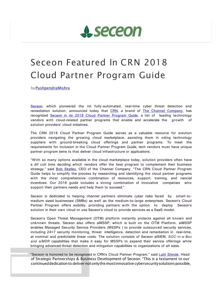 seceon featured in crn 2018 cloud partner program