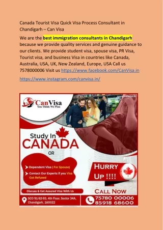 Canada Tourist Visa Quick Visa Process Consultant in Chandigarh