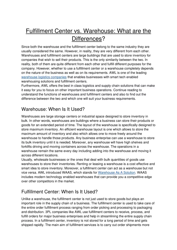 fulfillment center vs warehouse what