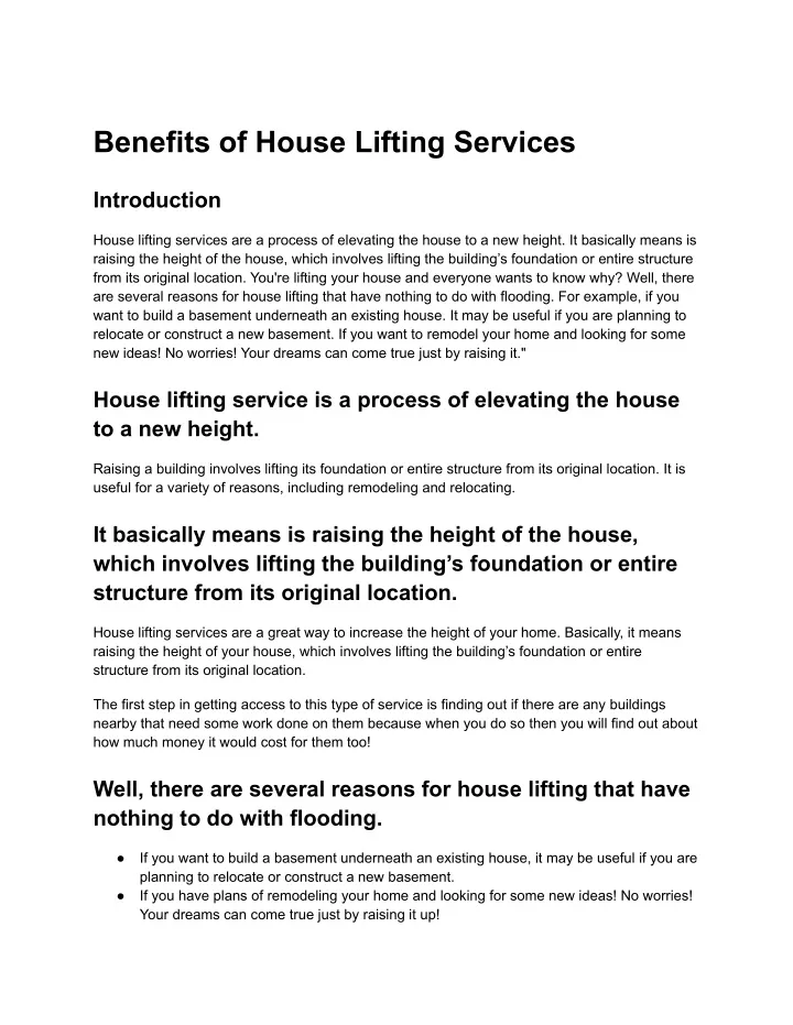 benefits of house lifting services