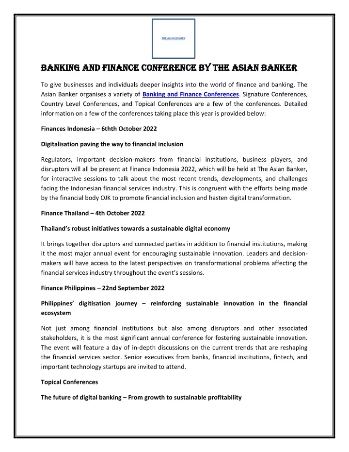 banking and finance conference by the asian