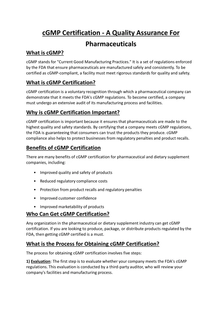cgmp certification a quality assurance