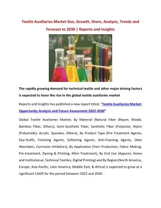 Textile Auxiliaries Market Size, Growth, Share, Analysis, Trends and Forecast