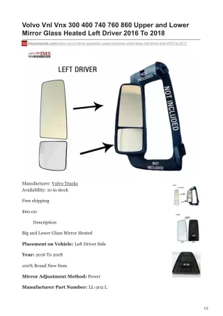 imsautoparts.com-Volvo Vnl Vnx 300 400 740 760 860 Upper and Lower Mirror Glass Heated Left Driver 2016 To 2018