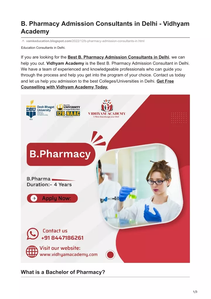 b pharmacy admission consultants in delhi vidhyam