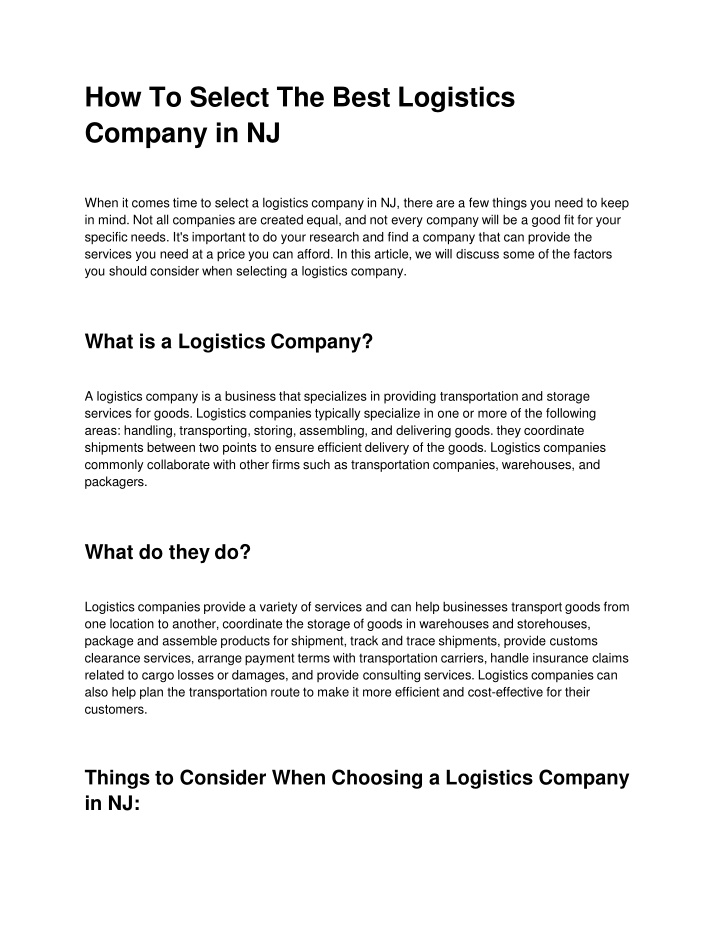 how to select the best logistics company in nj