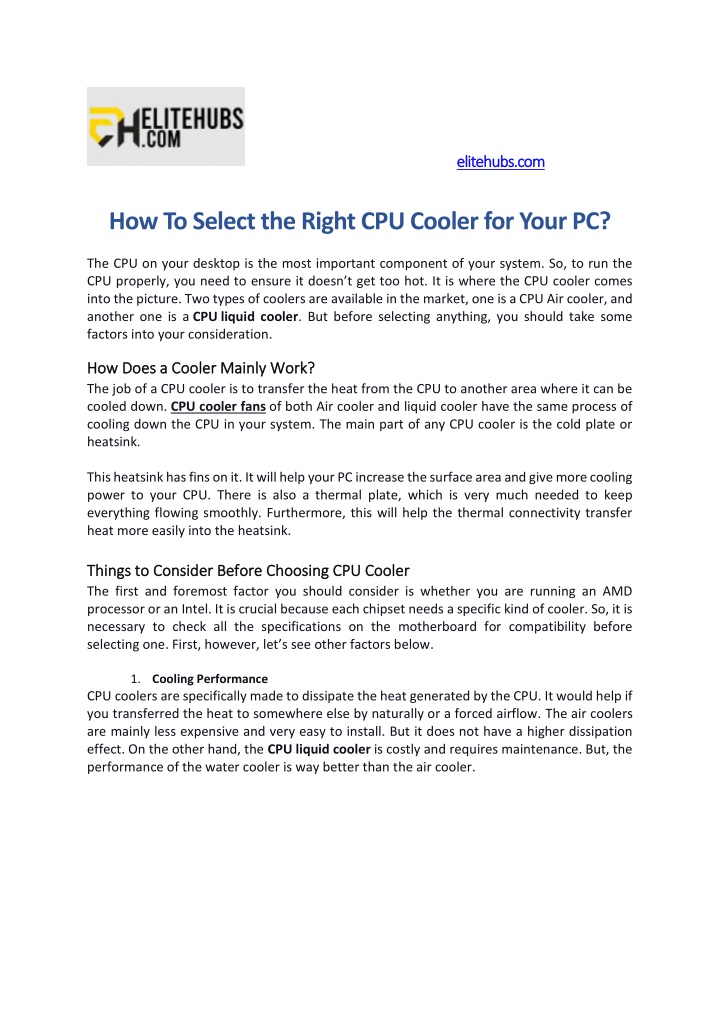 elitehubs com how to select the right cpu cooler