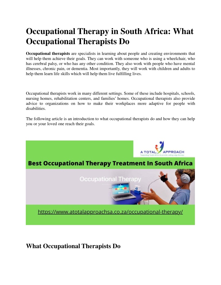 occupational therapy in south africa what occupational therapists do